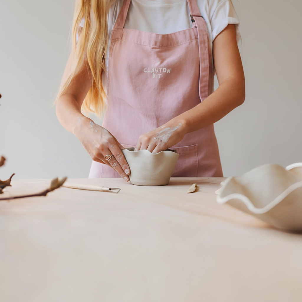 Frau modelliert mit Händen eine geschwungene Schale aus Ton. Auf der Arbeitsfläche steht eine zweite große Schale sowie Modellierwerkzeuge 