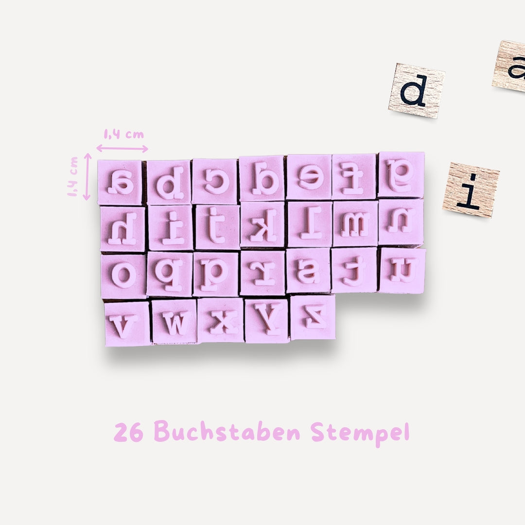 26 Buchstabenstempel zum erstellen von Schriftzügen in Tonkreationen aus Holz und Gummi mit Maßangaben 1,4cm x 1,4cm